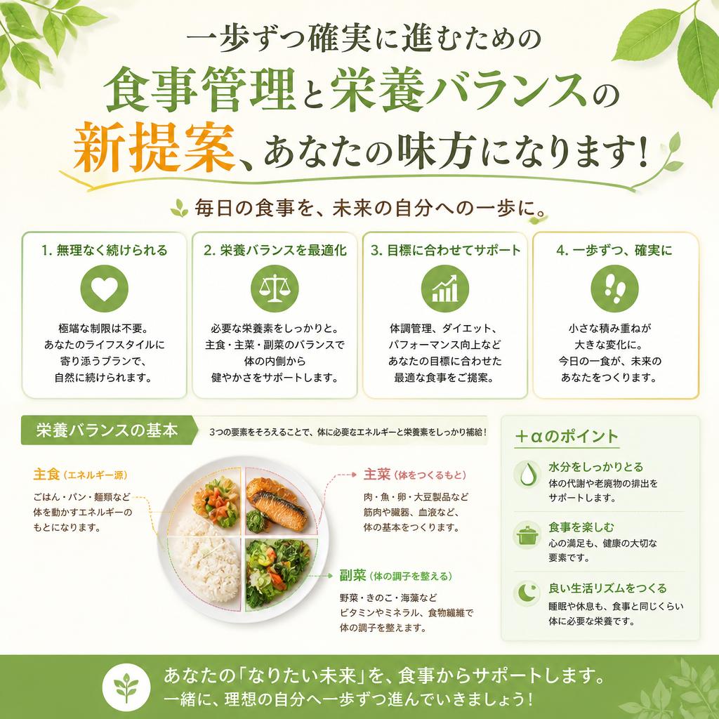一歩ずつ確実に進むための食事管理と栄養バランスの新提案、あなたの味方になります！